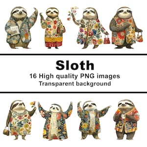 Sloth clipart, sloth clipart watercolour, 16 PNG files, transparent background, commercial use