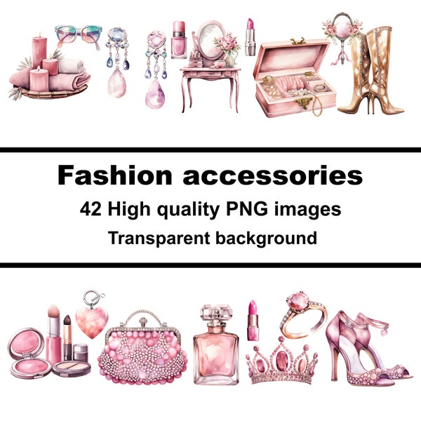 Fashion accessories, 42 digital planner clipart, PNG transparent background, commercial use