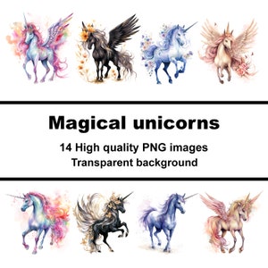 Watercolour Magical unicorns, 14 digital clipart, PNG transparent background, commercial use
