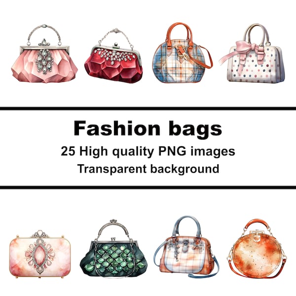 Fashion bags, 25 watercolour designers handbag, digital clip art, PNG transparent background, commercial use