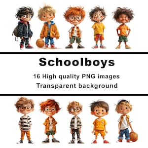 Schooljongens, 16 digitale clipart van jongens, bundelset, transparante PNG-achtergrond, commercieel gebruik