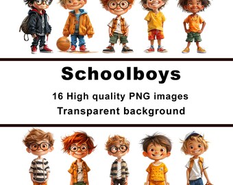Schoolboys, 16 digital clipart of boys, bundle set, PNG transparent background, commercial use