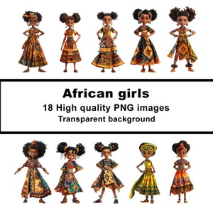 African girls, 18 African black women in traditional dress, cartoon girls ,digital clipart, PNG transparent background, commercial use