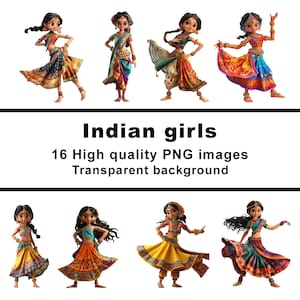 Indian girls, 16 beautiful in traditional dress sari Indian girls, digital clipart, PNG transparent background, commercial use