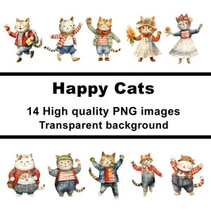 14 Katzen Clip-Arts, Kinderzimmer Drucke, PNG Downloads, transparenter Hintergrund, kommerzielle Nutzung