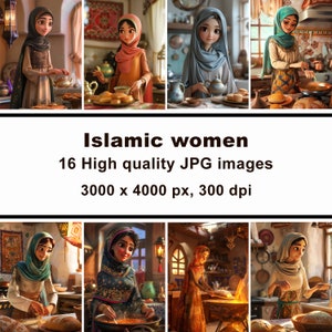 Muslim women, Islamic women, cartoon girls, 16 cliparts JPG, commercial use