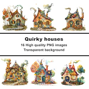 Quirky houses clipart, whimsical houses,  16 PNG files, transparent background, commercial use