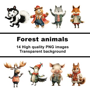 Forest animals, 14 animals clip art, PNG digital prints, transparent background, commercial use