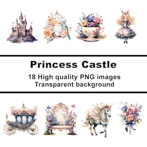 Castello della principessa, 18 clip art di principesse, stampe PNG digitali, sfondo trasparente, uso commerciale