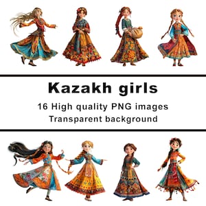 Kazakh girls in traditional dress, 16 digital clipart of PNG transparent background, commercial use