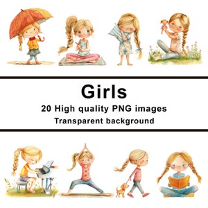 Meisje, dagelijkse routine, 20 digitale schattige meisjes clipart, PNG transparante achtergrond, commercieel gebruik