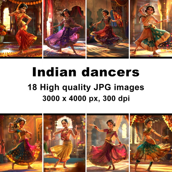 Dancing Indian girl, cartoon Indian girl, Hindu girl, 18 images of Indian dancers, cartoon girls, JPG, commercial use