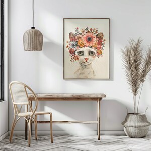 Portrait of the cat, whimsical cat art with floral wreath,  wall decor, printable wall art, JPG, 300 dpi