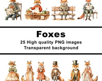 Foxes, 25 digital book characters, story book clip art, PNG transparent background, commercial use