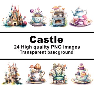 Castello, 24 clip art digitali di castello, sedia, set da tè e altro, stampe PNG, download per bambini, sfondo trasparente, uso commerciale