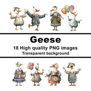 Geese cartoon illustration, 18 nursery clip art, PNG digital prints, transparent background, commercial use