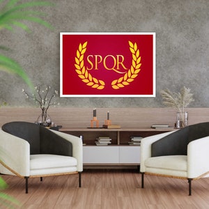 Roman Empire Canvas, SPQR Picture, Flag Wall Art, History Themed Canvas, Ancient Rome Decor, Red Canvas, Gift For Him, Julius Caesar Theme White Framed Canvas