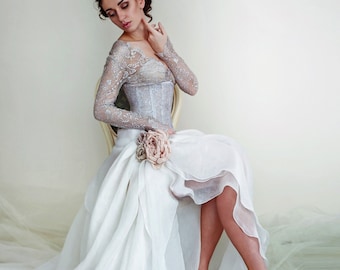 Abito da sposa in seta. Abito da sposa a maniche lunghe. Top da sposa in pizzo con scollo a V. Separati nuziali. Gonna da sposa a trapezio con spacco. Corsetto sottoseno in pizzo