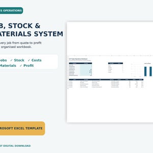 Może przedstawiać: Cyfrowy szablon Microsoft Excel zatytułowany Trades Operations Job, Stock & Materials System. Układ zawiera pulpit nawigacyjny z tabelami danych, wykresami i listami do śledzenia zleceń, zapasów, kosztów, materiałów i zysków w jednym zorganizowanym skoroszycie.