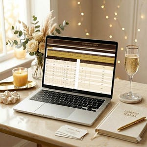 May include: A laptop showing a spreadsheet is on a marble surface, with a champagne flute, a notebook with "LOREM IPSUM", and a lit candle. A vase of flowers and a scrunchie are also present, creating a workspace scene.