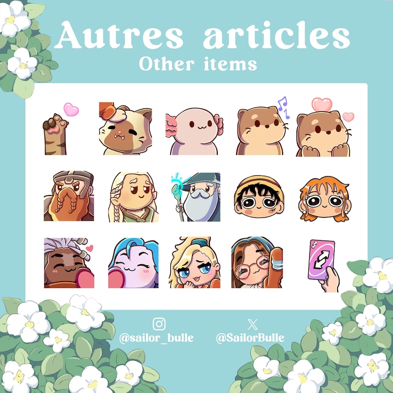 May include: A grid of 16 colorful cartoon character illustrations. The characters are a variety of animals, people, and mythical creatures. The title "Autres articles" and "Other items" are at the top of the grid.