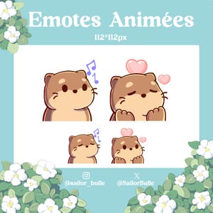 Puede incluir: Cuatro emojis animados de una nutria marrón con diferentes expresiones. La nutria canta, se sonroja y mira un corazón. Los emojis miden 112x112 píxeles y están disponibles en Instagram y Twitter.
