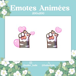 Peut inclure: Deux émojis de patte de chat animés avec des cœurs roses. Les émojis mesurent 200x200 pixels et sont conçus pour être utilisés sur les réseaux sociaux. Les émojis sont disponibles à l'achat auprès de @sailor_bulle sur Instagram et @SailorBulle sur Twitter.
