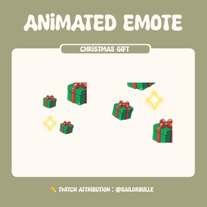 Peut inclure: Emote animé avec le texte "ANIMATED EMOTE" en haut. L'image présente plusieurs boîtes cadeaux vertes avec des nœuds et rubans rouges, ainsi que quelques éclats d'étoiles jaunes. Le texte "CHRISTMAS GIFT" est également présent.