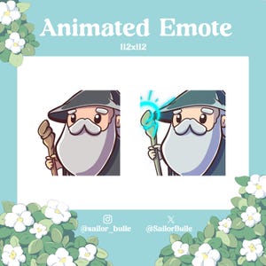 Può includere: Emoticon animata di un mago dei cartoni animati con una lunga barba bianca e un cappello a punta. Il mago tiene uno scettro con una punta blu incandescente. L'emoticon è di 112x112 pixel.