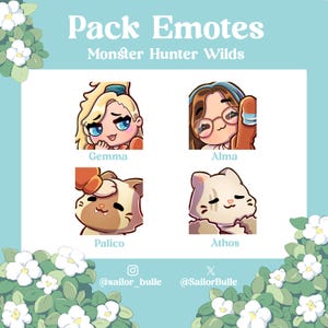 Op de afbeelding: Een set van vier digitale emotes met een blonde vrouw met blauwe ogen, een brunette vrouw met een bril, een bruin-witte kat en een witte kat. De emotes zijn gelabeld "Gemma", "Alma", "Palico" en "Athos". De tekst "Pack Emotes Monster Hunter Wilds" staat bovenaan de afbeelding.