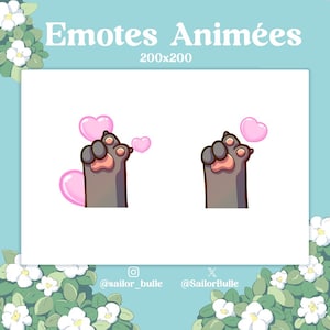 Peut inclure: Deux empreintes de pattes animées avec des cœurs roses, l'une avec un cœur dans sa patte et l'autre avec un cœur flottant au-dessus. Le texte "Emotes Animées 200x200" est en haut de l'image.