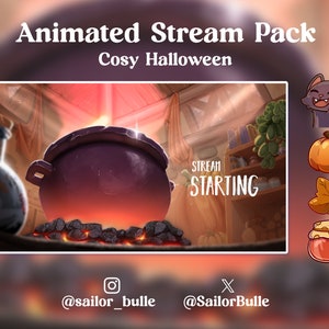 Peut inclure: Pack de flux animé pour Twitch ou YouTube sur le thème d'Halloween cosy. L'image montre un chaudron bouillonnant au-dessus d'un feu avec une lueur rouge. Le texte "STREAM STARTING" est visible en arrière-plan. Le pack comprend un chat noir, une citrouille, une feuille et un pot de miel.