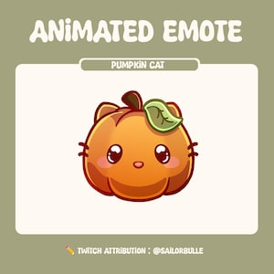 Peut inclure: Une émoticône animée représentant un chat en forme de citrouille avec une feuille verte et une tige marron. Le texte "PUMPKIN CAT" est affiché au-dessus de l'image. Les mots "ANIMATED EMOTE" sont en haut de l'image. L'image a un fond vert clair.