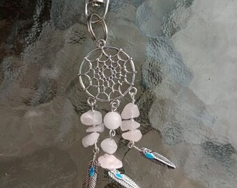 Dreamcatcher Keyring: Rose Quartz Gemstone, Key Chain, Bag Charm, Semi Precious