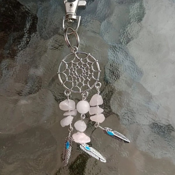 Dreamcatcher Keyring: Rose Quartz Gemstone, Key Chain, Bag Charm, Semi Precious