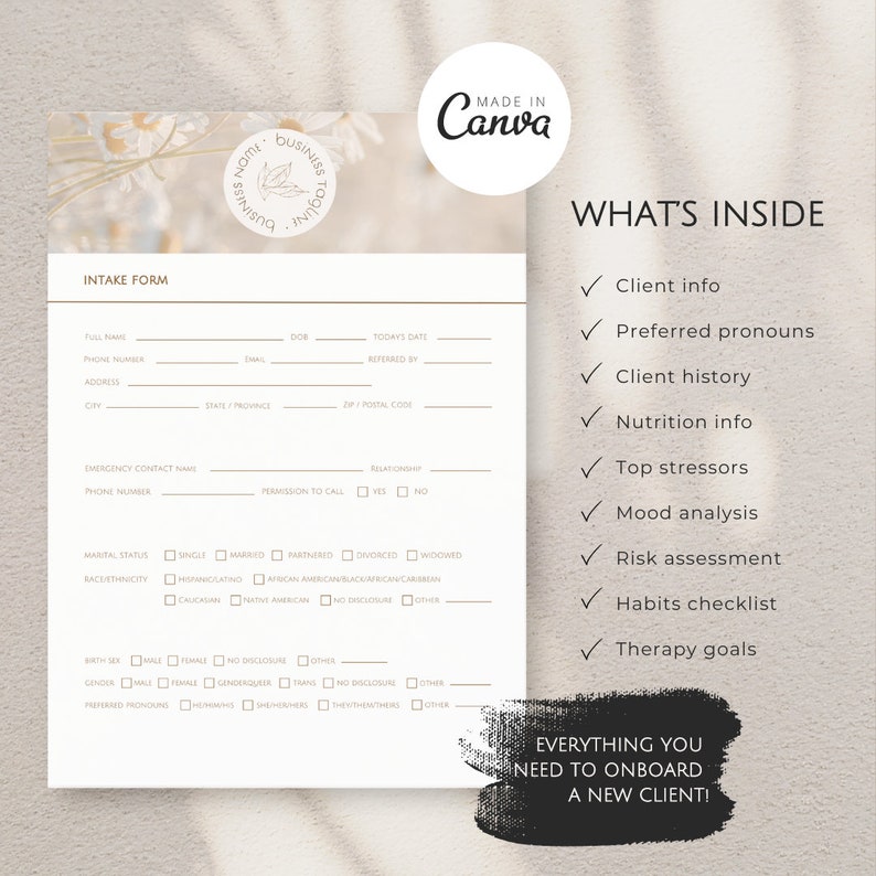Counsellor Intake Form, Client Intake Forms, Therapy Intake Form ...