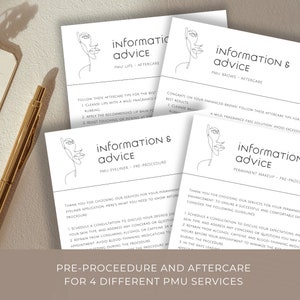 Può includere: Quattro illustrazioni in bianco e nero di volti stilizzati con testo sotto ogni immagine. Il testo recita "Information & Advice" con il sottotitolo "PMU Lips - Aftercare", "PMU Brows - Aftercare", "PMU Eyeliner - Pre-Procedure" e "Permanent Makeup - Pre-Procedure". Sotto le illustrazioni, il testo "Pre-Procedure and Aftercare for 4 Different PMU Services".