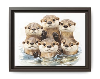 Framed Canvas, Otter Family Mattee Canvas Wall Art, Multicolor Nursery Decor, Playful Sea Otters Print, Cute Animal Artwork, Wildlife Wall