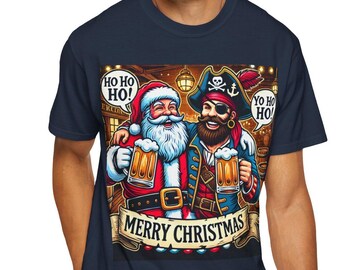 Pirate Christmas Unisex Tee, Santa & Pirate Captain Ho Ho Ho, Yo Ho Ho Holiday Tshirt Gift, Festive Xmas Shirt, Funny Holiday Apparel