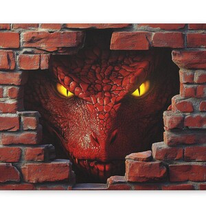 May include: A red dragon's face peeks out from behind a brick wall, its yellow eyes glowing menacingly.