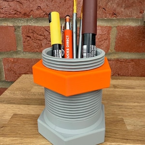 Industrial Nut and Bolt Pen Holder | 3D Printed Desk Tidy | Workshop-Inspired Gift | Grey or Orange Nut Option
