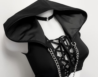 NEXUS - Capuche personnalisable – chaîne en argent (par défaut) ou en or – Cosplay, Steampunk, Festival, Techno, Fantasy, Rave, Elven