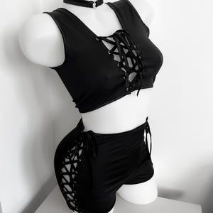 Festival and Club Outfit – Black Two Piece Set with Lace Up Crop Top and Side Lace Shorts – Adjustable, Customizable Laces