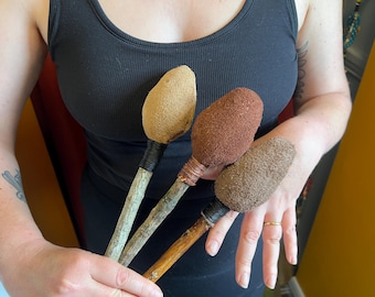 Custom Tanned Leather (flesh side out) and Suede Drum beater hand stitched on wooden handles for Shamanic Drumming