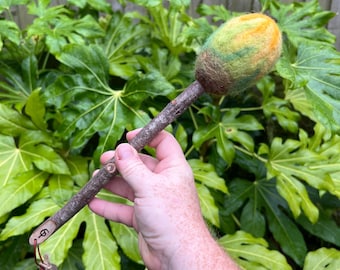 Handmade Ostara Felted Wool Drum Beater, Carnelian Birch Shaft