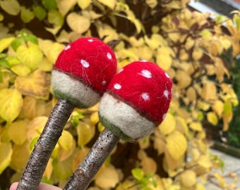 Handmade Fly Agaric Inspired felted wool, carnelian charged, birch shamanic/pagan/wiccan drum beater for practice, ritual & ceremony.