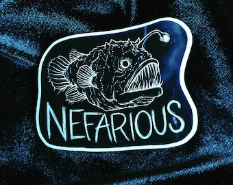 The Nefarious Anglerfish - creepy glow in the dark deep sea fish sticker - spooky vinyl decal for evil ocean lovers - goblincore line art