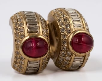 CHRISTIAN DIOR Pair of Vintage Gold-Tone Earrings with Red Cabochon Rhinestones