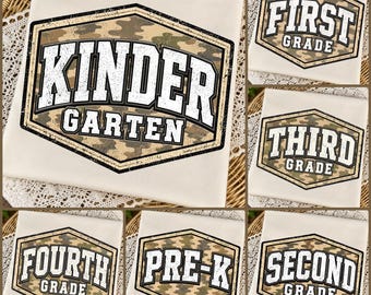 Camo Back to School PNG Bundle, Retro Boys Kindergarten Kid Design, Pre-K to Fourth Grade Png, First Day Pencil PNG, Old School Camo Boy Png