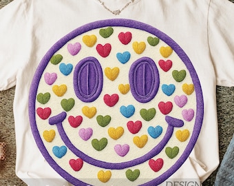Faux Embroidery Smiley Face PNG, Chenille Hearts (Digital Download)